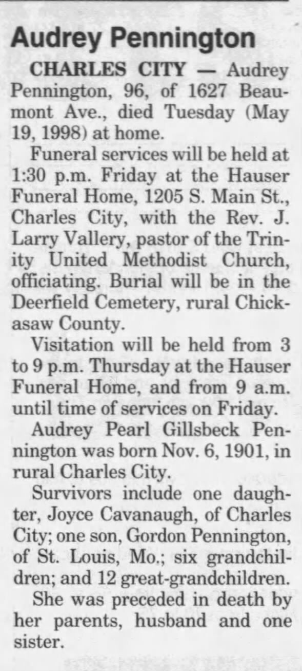 Obituary for Audrey Pearl Gillsbeck Pennington, 1901-1998 (Aged 96)